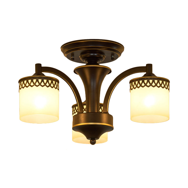 Traditional Cylinder Semi Flush Lighting 3/6/8 Bulbs Frosted Glass Flush Mount Ceiling Lamp in Black