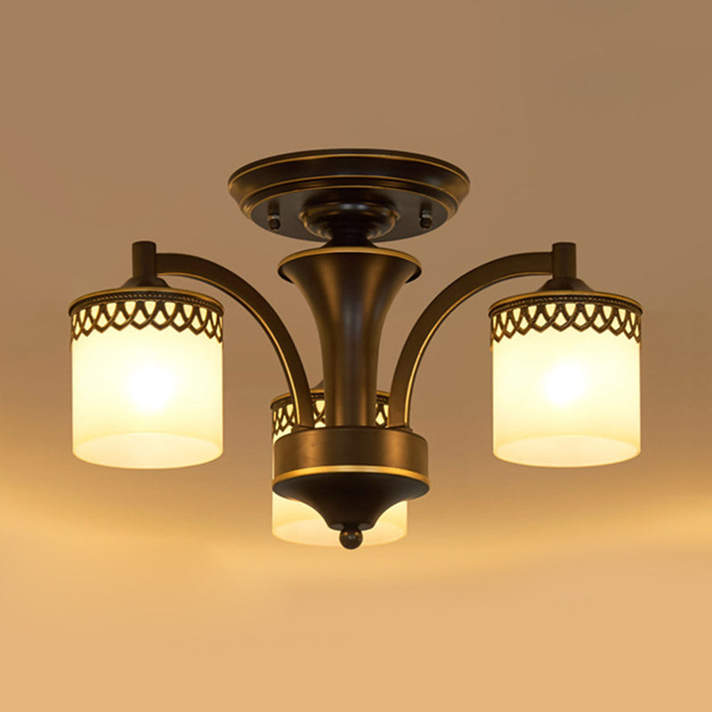 Traditional Cylinder Semi Flush Lighting 3/6/8 Bulbs Frosted Glass Flush Mount Ceiling Lamp in Black