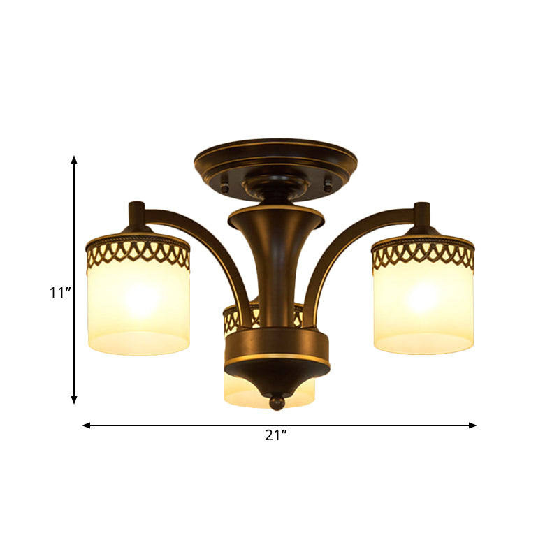 Traditional Cylinder Semi Flush Lighting 3/6/8 Bulbs Frosted Glass Flush Mount Ceiling Lamp in Black