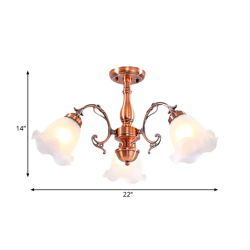 Copper 3/5/8 Lights Semi Flush Mount Lighting Country Cream Glass Flower Shape Flushmount Lamp