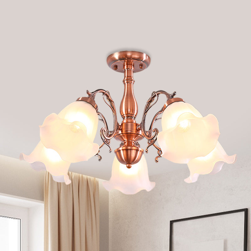 Copper 3/5/8 Lights Semi Flush Mount Lighting Country Cream Glass Flower Shape Flushmount Lamp