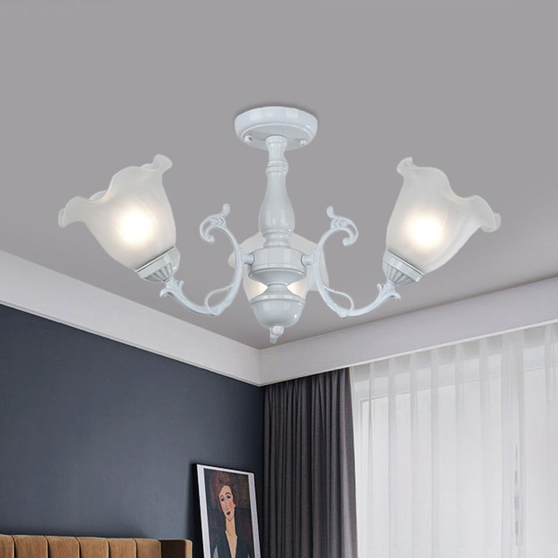 3/5-Light Flower Semi-Flush Ceiling Light Countryside White/Black Finish Cream Glass Flush Mounted Lamp
