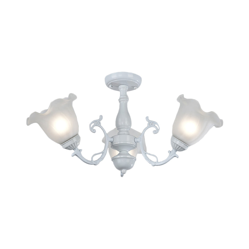 3/5-Light Flower Semi-Flush Ceiling Light Countryside White/Black Finish Cream Glass Flush Mounted Lamp