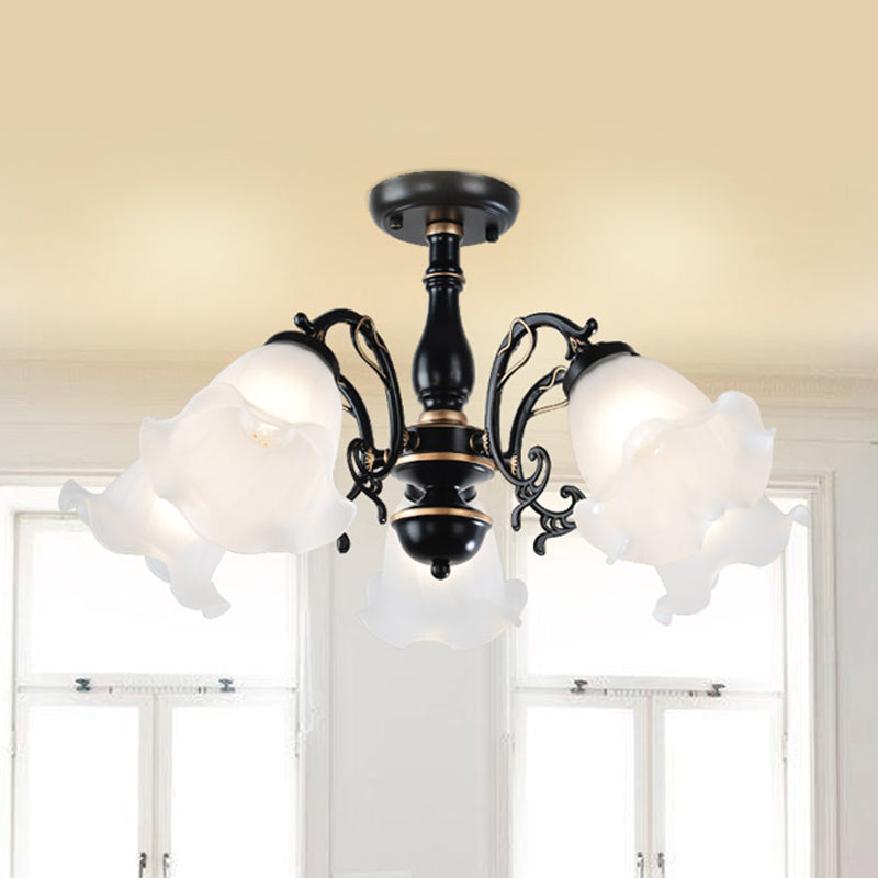 3/5-Light Flower Semi-Flush Ceiling Light Countryside White/Black Finish Cream Glass Flush Mounted Lamp