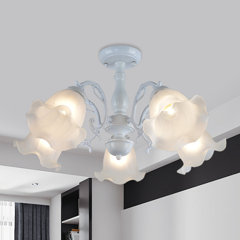 3/5-Light Flower Semi-Flush Ceiling Light Countryside White/Black Finish Cream Glass Flush Mounted Lamp