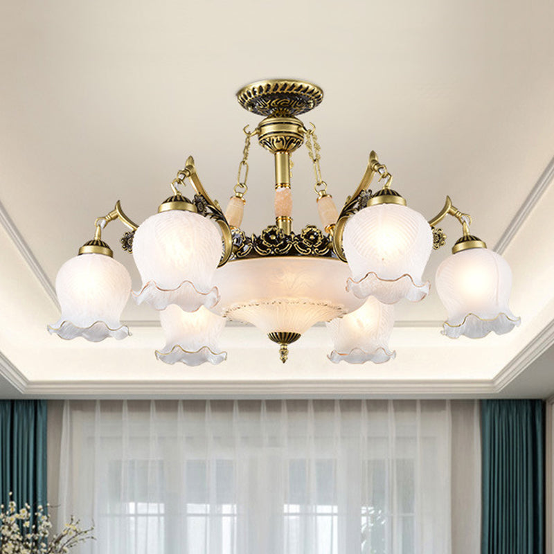 Bronze Finish Floral-Shape Semi Mount Lighting Warehouse White Glass 7/9/11-Light Living Room Ceiling Flush