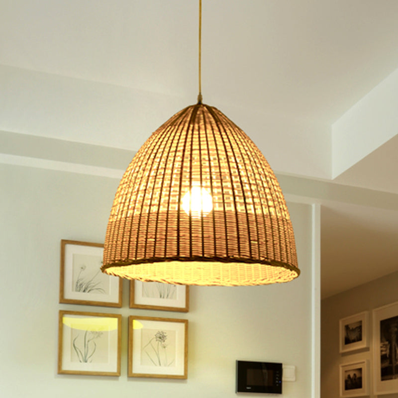 Asian Cloche Pendant Ceiling Light Bamboo 1-Light Dining Room Hanging Lamp in Beige