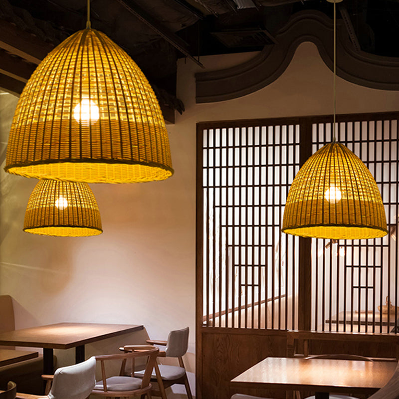 Asian Cloche Pendant Ceiling Light Bamboo 1-Light Dining Room Hanging Lamp in Beige