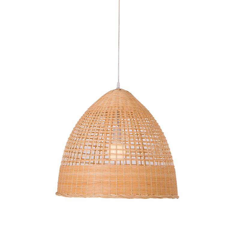 Asian Cloche Pendant Ceiling Light Bamboo 1-Light Dining Room Hanging Lamp in Beige