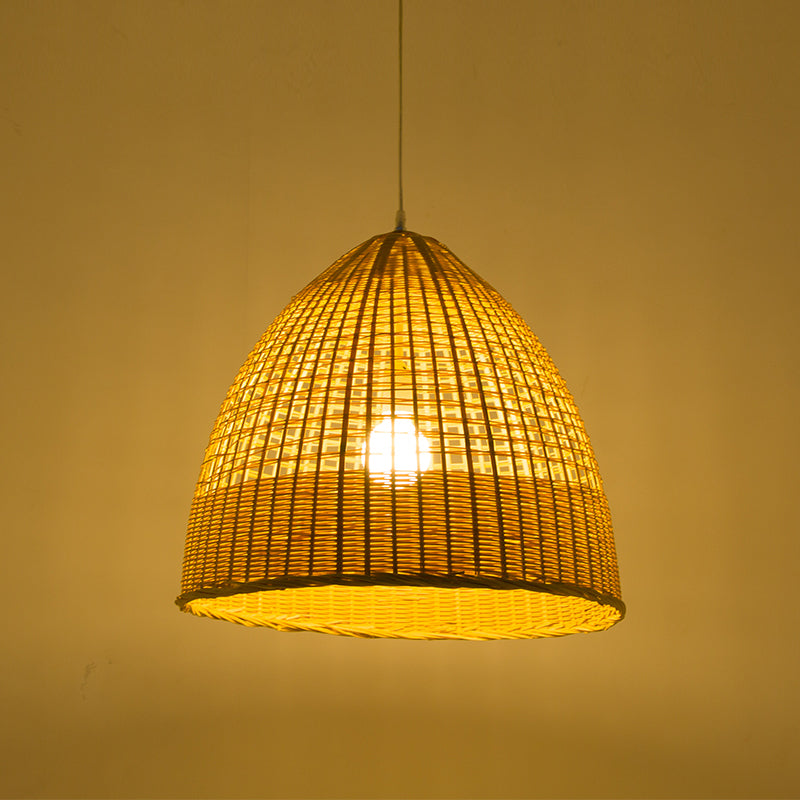 Asian Cloche Pendant Ceiling Light Bamboo 1-Light Dining Room Hanging Lamp in Beige