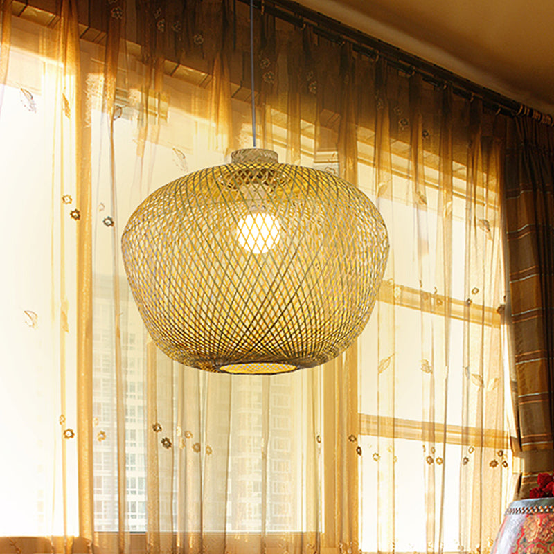 Asia Crock Bamboo Weaving Ceiling Lamp 1 Light Hanging Pendant in Beige for Living Room