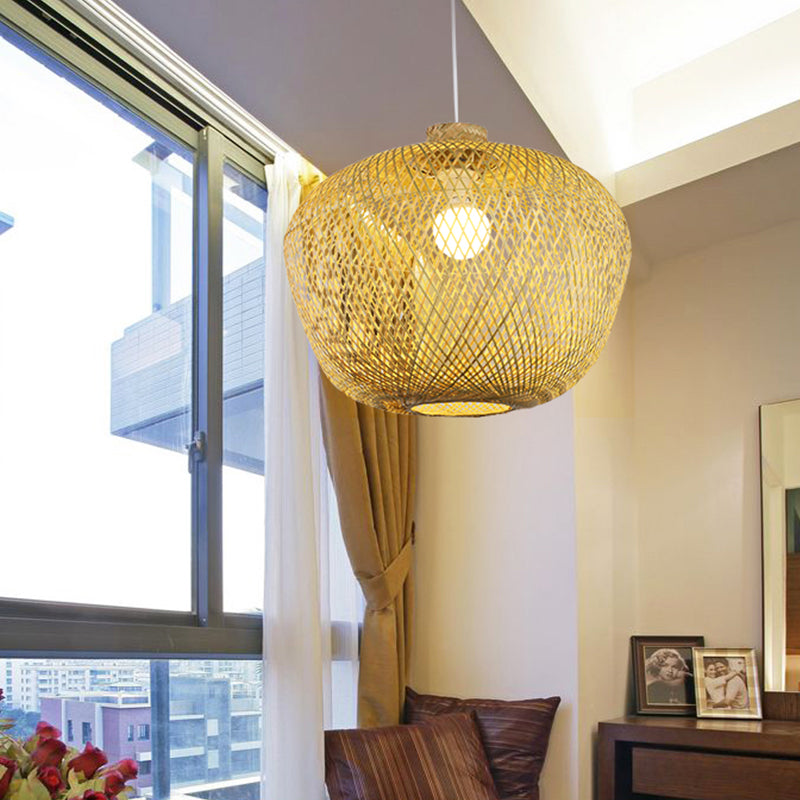Asia Crock Bamboo Weaving Ceiling Lamp 1 Light Hanging Pendant in Beige for Living Room