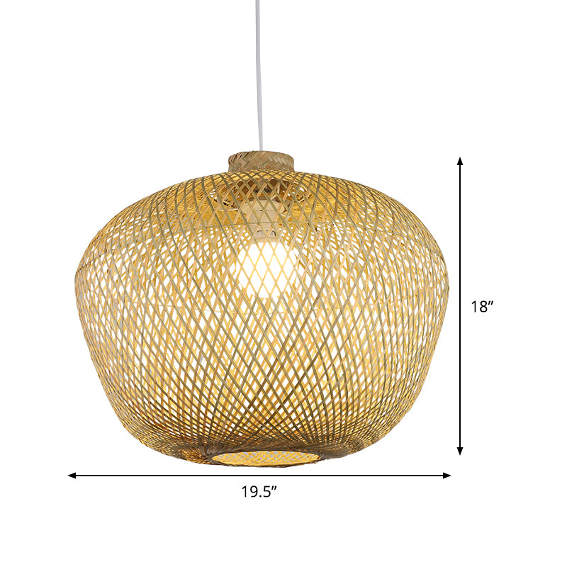 Asia Crock Bamboo Weaving Ceiling Lamp 1 Light Hanging Pendant in Beige for Living Room