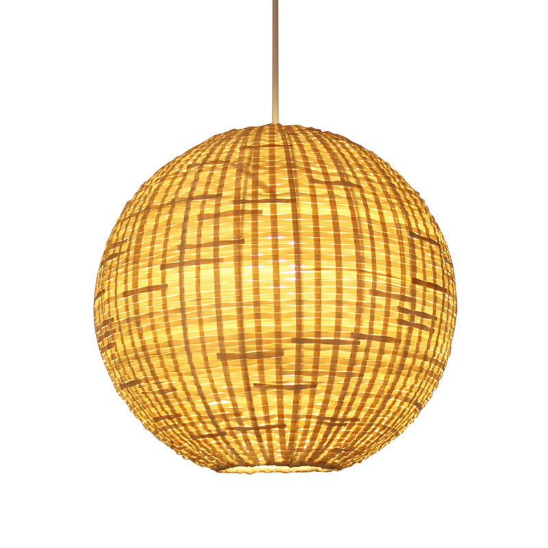 Spherical Pendant Ceiling Light Asian Bamboo 1 Bulb Beige Suspension Lighting for Restaurant