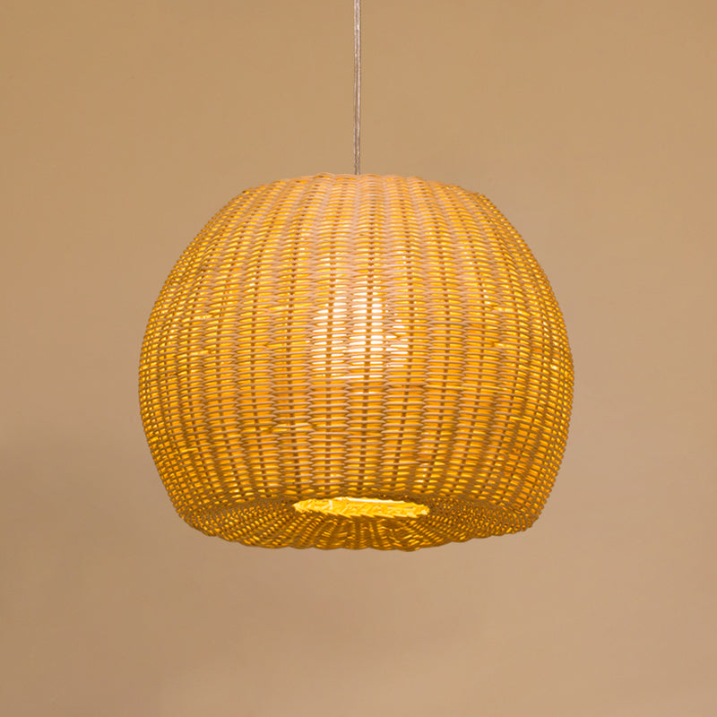 Khaki Dome Hanging Lamp Simple 1-Light Bamboo Woven Pendant Light Kit for Book Store