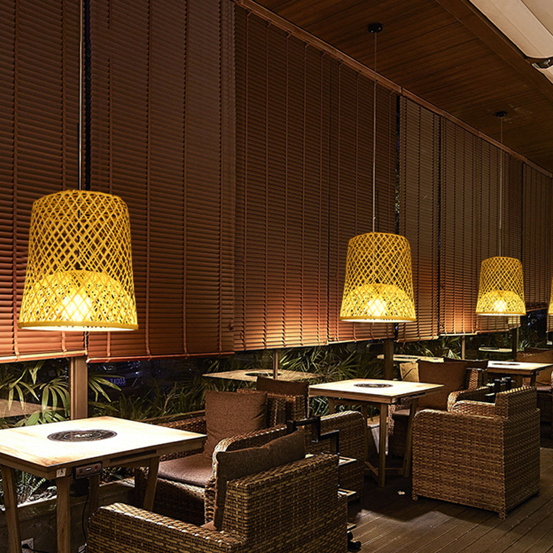 2-Shade Barrel Pendant Lighting Asia Bamboo Single Beige Hanging Lamp Kit over Table