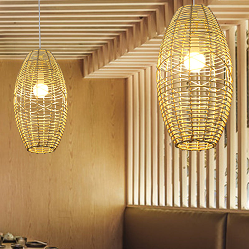 Hand Braided Ellipse Bistro Pendant Lamp Bamboo 1 Bulb Chinese Hanging Light in Beige