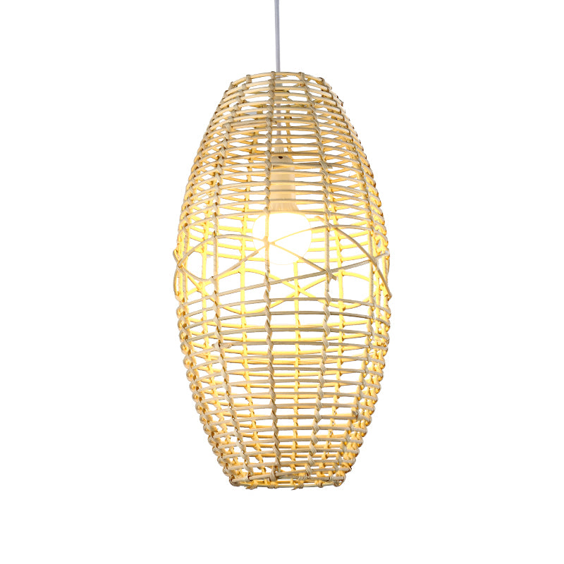 Hand Braided Ellipse Bistro Pendant Lamp Bamboo 1 Bulb Chinese Hanging Light in Beige