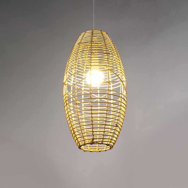 Hand Braided Ellipse Bistro Pendant Lamp Bamboo 1 Bulb Chinese Hanging Light in Beige