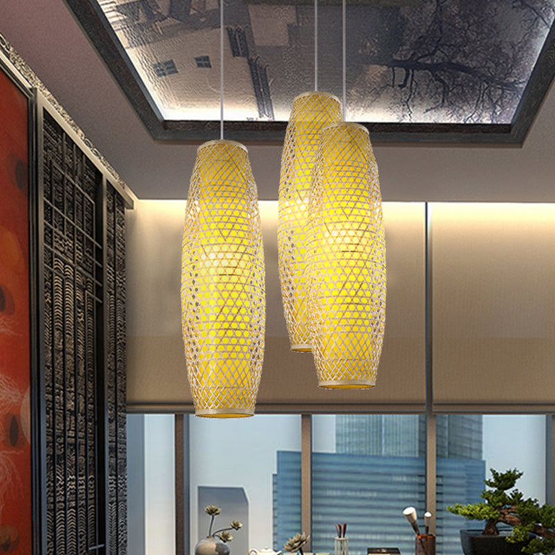 2 Layers Elongated Bamboo Hanging Pendant Asian 1 Head Beige Ceiling Suspension Lamp