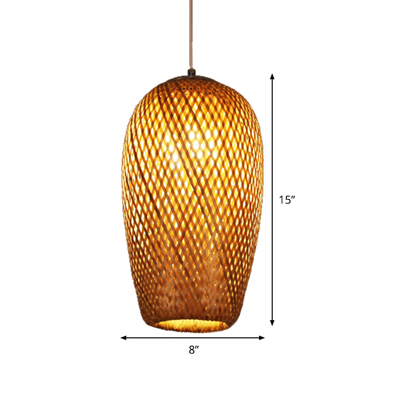 Crisscross Woven Ceiling Hanging Lantern Chinese Bamboo 1 Bulb Brown Pendant Light Fixture for Restaurant