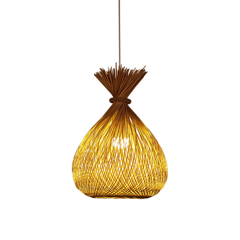 Cross-Woven Bamboo Sack Bag Pendant Chinese 1 Bulb Khaki Hanging Ceiling Light for Guest Room