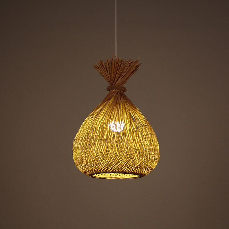 Cross-Woven Bamboo Sack Bag Pendant Chinese 1 Bulb Khaki Hanging Ceiling Light for Guest Room