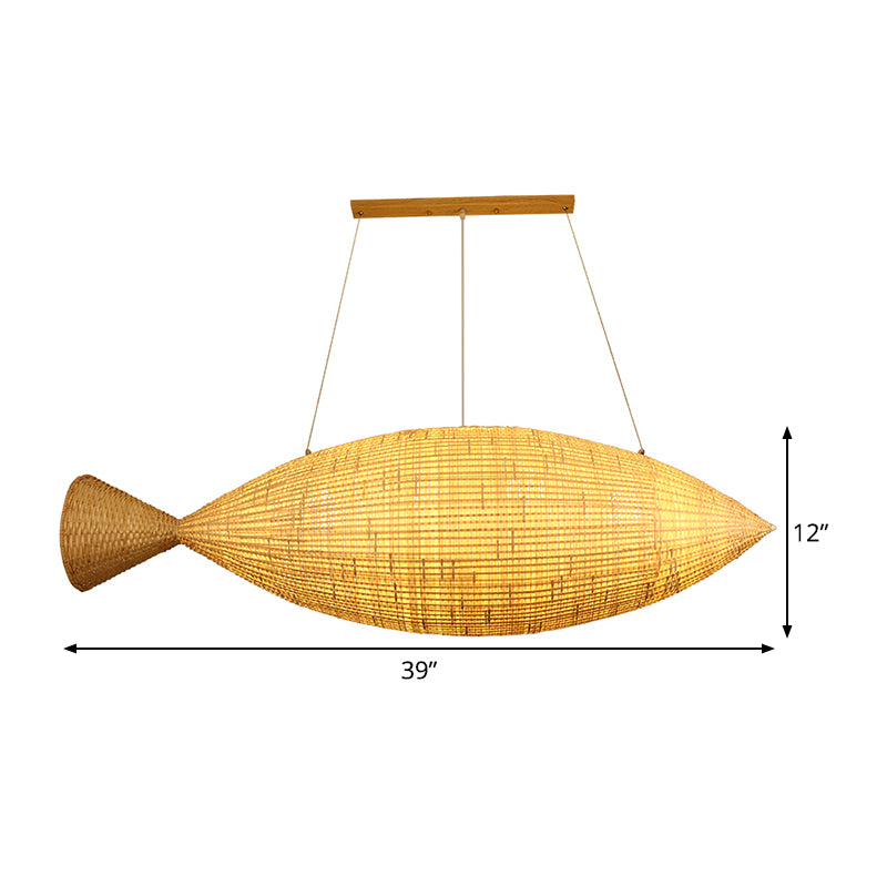 Hand Weaving Fish Bamboo Drop Lamp Chinese 2 Bulbs Beige Pendant Chandelier for Restaurant
