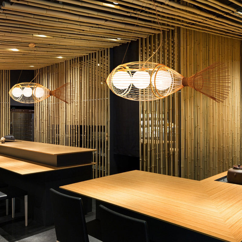 Chinese Fish Shaped Pendant Lamp Bamboo 3 Lights Bistro Chandelier with Ball Shade Inside in Wood