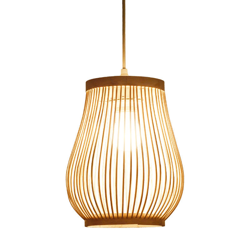 Hand-Worked Pear Cage Drop Pendant Asia Bamboo 1 Bulb Terrace Ceiling Light in Wood