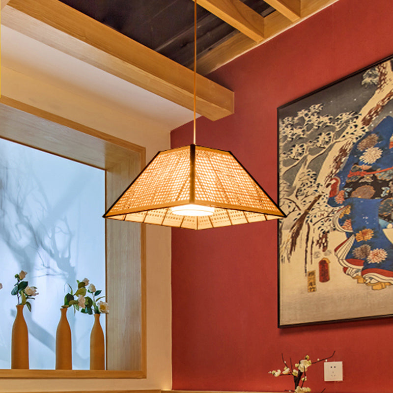 Japanese Gridded Pyramid Pendant Lamp Bamboo 1 Head Restaurant Suspension Lighting with Inner White Fabric Shade
