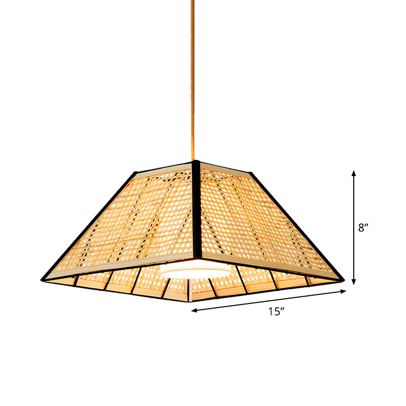 Japanese Gridded Pyramid Pendant Lamp Bamboo 1 Head Restaurant Suspension Lighting with Inner White Fabric Shade