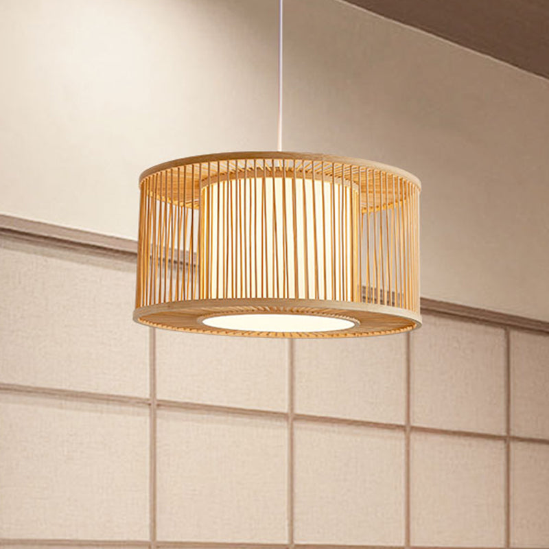 Handmade Drum Cage Bistro Pendant Light Bamboo 1 Bulb Asia Hanging Lamp Kit with Shade Inside