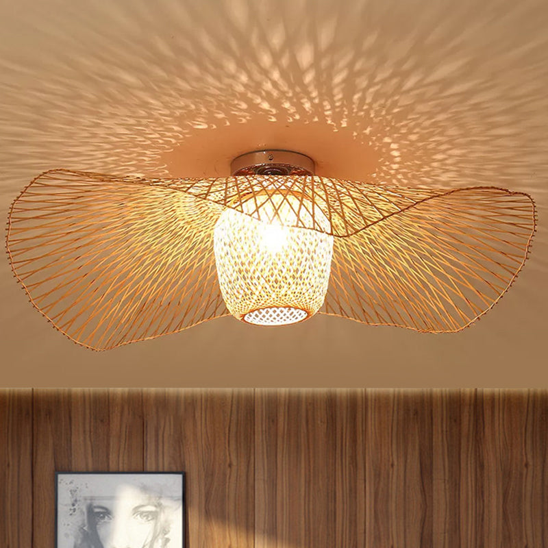 Modern Stylish Floppy Hat Flush Mount Bamboo Weaving 1-Light 25.5"/29.5" Wide Clothing Store Ceiling Light Fixture in Wood