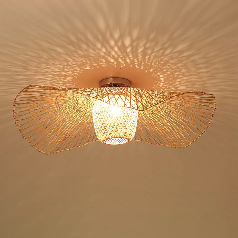 Modern Stylish Floppy Hat Flush Mount Bamboo Weaving 1-Light 25.5"/29.5" Wide Clothing Store Ceiling Light Fixture in Wood