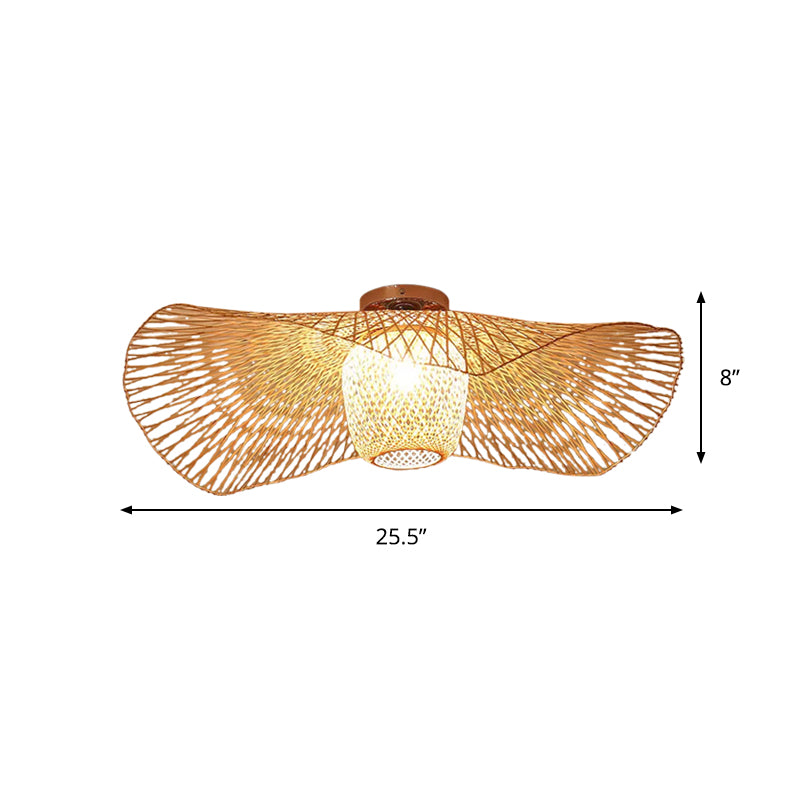 Modern Stylish Floppy Hat Flush Mount Bamboo Weaving 1-Light 25.5"/29.5" Wide Clothing Store Ceiling Light Fixture in Wood