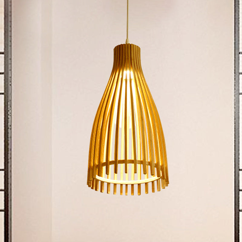 Conical Bamboo Strip Pendulum Lamp Japanese 1-Light Beige Hanging Ceiling Light for Tea House