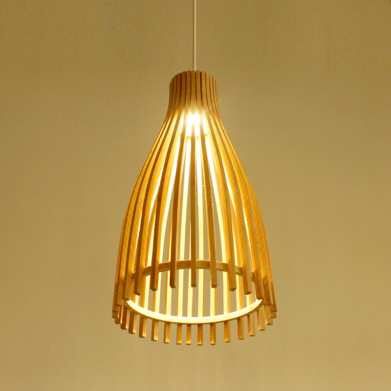 Conical Bamboo Strip Pendulum Lamp Japanese 1-Light Beige Hanging Ceiling Light for Tea House