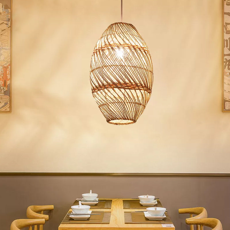 Wood Oblong Suspension Light Asian-Style 1 Bulb Bamboo Rattan Ceiling Pendant Lamp