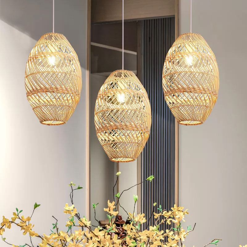 Wood Oblong Suspension Light Asian-Style 1 Bulb Bamboo Rattan Ceiling Pendant Lamp