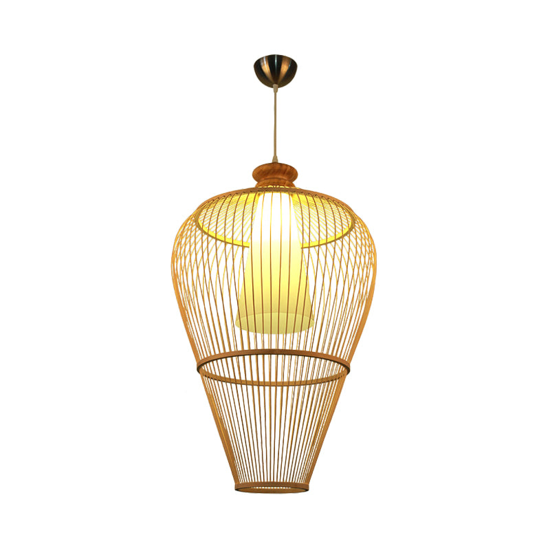 Rural Urn Cage Bamboo Pendulum Light Single-Bulb Pendant Lighting Fixture in Beige with Inner Cone Shade