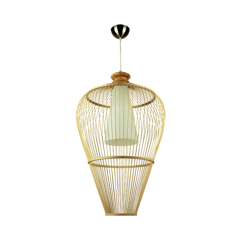Rural Urn Cage Bamboo Pendulum Light Single-Bulb Pendant Lighting Fixture in Beige with Inner Cone Shade