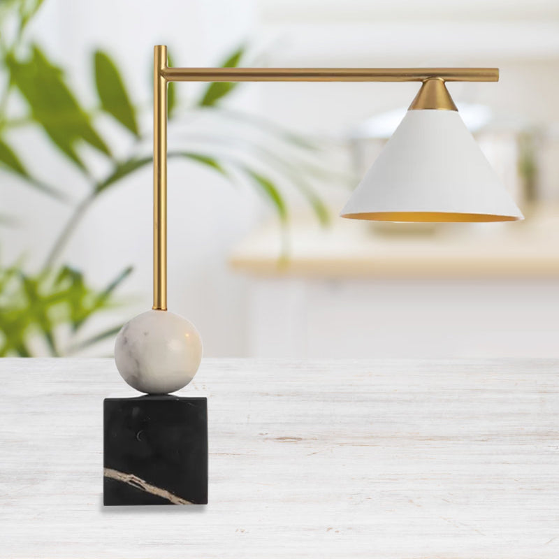 Conical Desk Lighting Minimalist Metal Single Head White Nightstand Lamp with Square Black Marble Base for Living Room