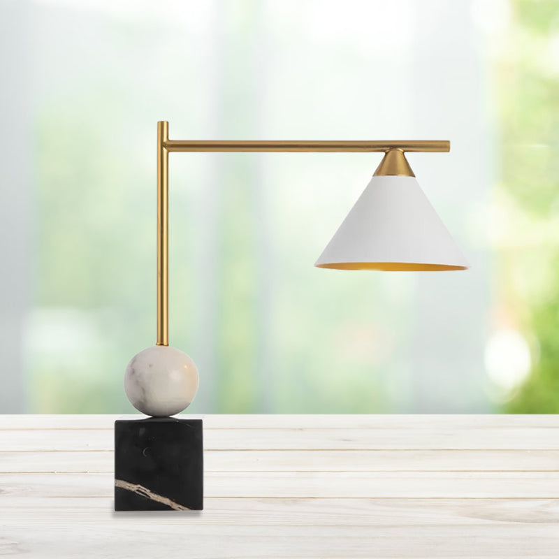 Conical Desk Lighting Minimalist Metal Single Head White Nightstand Lamp with Square Black Marble Base for Living Room