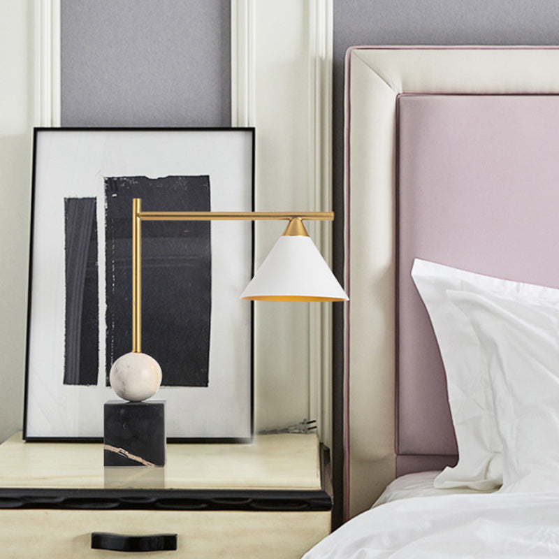 Conical Desk Lighting Minimalist Metal Single Head White Nightstand Lamp with Square Black Marble Base for Living Room