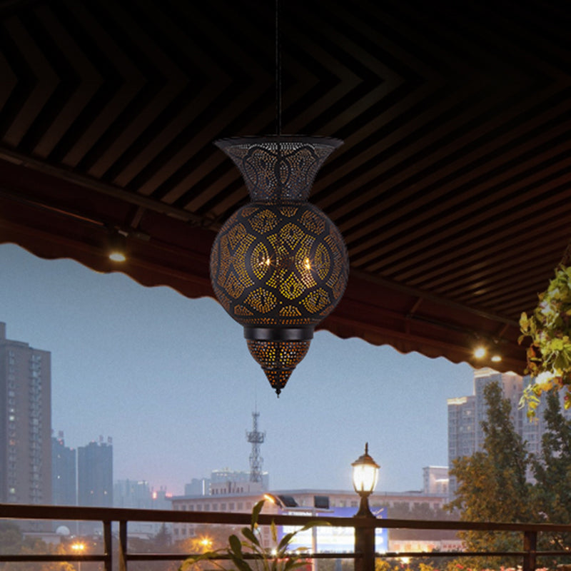 3-Bulb Etched Urn Hanging Chandelier Countryside Black Metal Ceiling Suspension Lamp