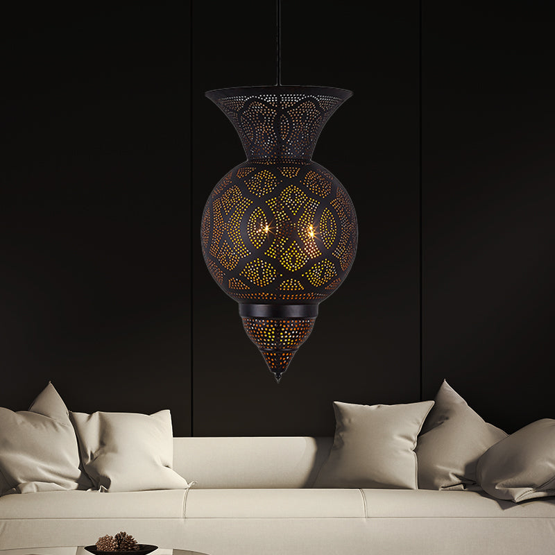 3-Bulb Etched Urn Hanging Chandelier Countryside Black Metal Ceiling Suspension Lamp
