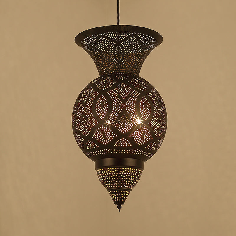 3-Bulb Etched Urn Hanging Chandelier Countryside Black Metal Ceiling Suspension Lamp