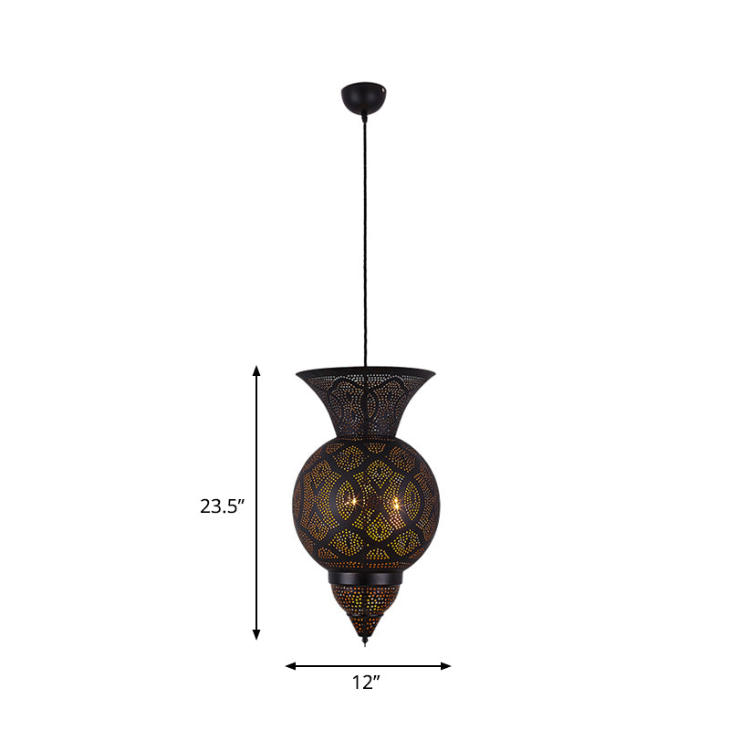 3-Bulb Etched Urn Hanging Chandelier Countryside Black Metal Ceiling Suspension Lamp