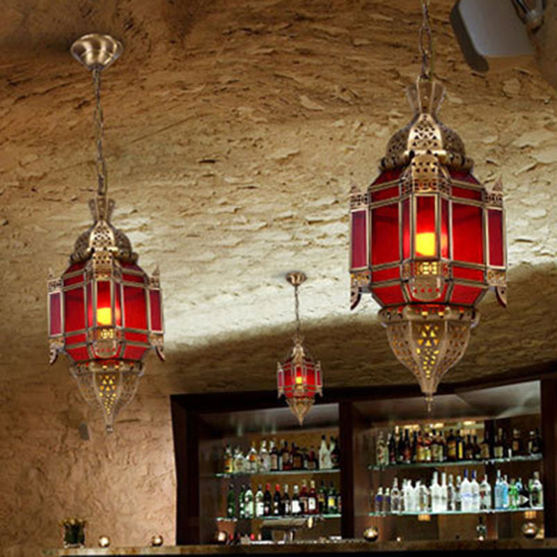 Lantern Restaurant Pendant Lighting Traditional Red Glass 3 Lights Brass Chandelier Light Fixture
